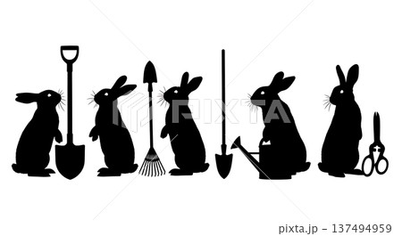 Black Solid Garden Helper Bunny Silhouettes Set of Six on White Background 137494959