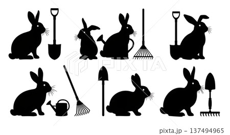 Black Solid Garden Helper Bunny Silhouettes Set of Six on White Background 137494965