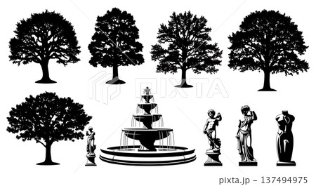 Black Solid Garden Oak Tree Silhouettes Set of Six 137494975