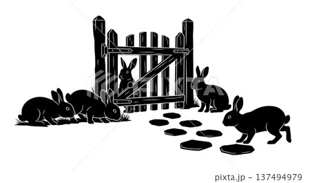Black Solid Garden Gate Bunny Silhouettes Set of Six on White Background Black Solid Garden Gate Bunny Silhouettes Set of Six on White Background 137494979