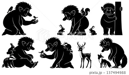 Black Solid Gentle Troll with Animals Silhouettes Set of Six on White Background 137494988