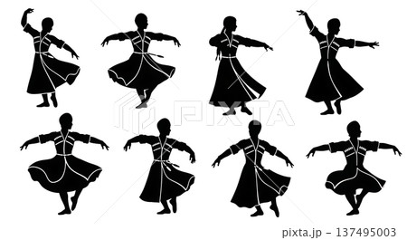 Black Solid Georgian Kartuli Dance Silhouettes Set of Six on White Background 137495003