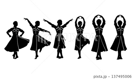 Black Solid Georgian Kartuli Dance Silhouettes Set of Six on White Background Black Solid Georgian Kartuli Dance Silhouettes Set of Six on White Background 137495006