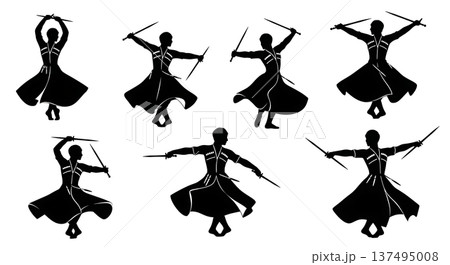 Black Solid Georgian Mountain Dance Silhouettes Set of Six on White Background Black Solid Georgian Mountain Dance Silhouettes Set of Six on White Background 137495008