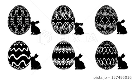 Black Solid Giant Egg and Bunny Silhouettes Set of Six on White Background Black Solid Giant Egg and Bunny Silhouettes Set of Six on White Background 137495016