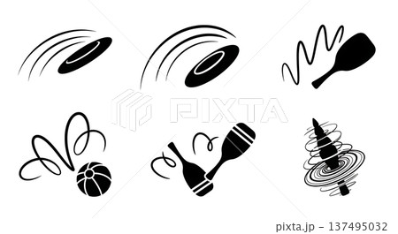Black Solid Glowing Frisbee Silhouettes Set of Six on White Background 137495032