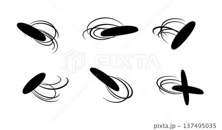 Black Solid Glowing Frisbee Silhouettes Set of Six on White Background 137495035