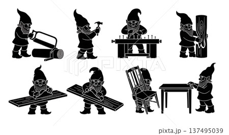 Black Solid Artisan Woodworking Gnome Silhouettes Set of Six on White Background Black Solid Artisan Woodworking Gnome Silhouettes Set of Six on White Background 137495039