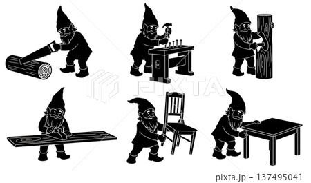 Black Solid Artisan Woodworking Gnome Silhouettes Set of Six on White Background Black Solid Artisan Woodworking Gnome Silhouettes Set of Six on White Background 137495041