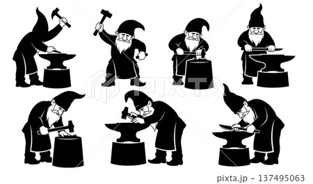 Black Solid Blacksmith Gnome Silhouettes Set of Six on White Background 137495063