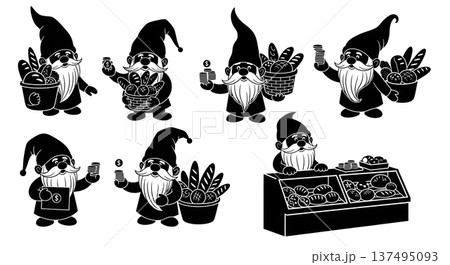 Black Solid Bread Selling Gnome Silhouettes Set of Six on White Background 137495093