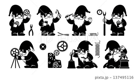 Black Solid Clockmaking Gnome Silhouettes Set of Six on White Background Black Solid Clockmaking Gnome Silhouettes Set of Six on White Background 137495116