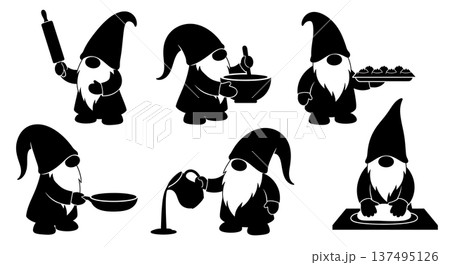 Black Solid Cooking Gnome Silhouettes Set of Six on White Background 137495126