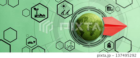Illustration featuring a mossy green globe, a red paper plane, and icons for renewable energy, electric transport, and eco-friendly logistics, representing global sustainability and green innovation 137495292
