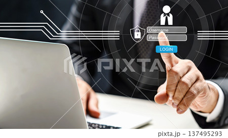A businessman in a suit interacts with a digital login interface overlay featuring username and password fields. Cybersecurity, secure data authentication, and privacy protection in a modern corporate 137495293