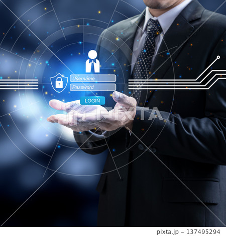 Businessman holding a virtual login interface with username and password fields, highlighting concepts of cyber security, data protection, and authentication Businessman holding a virtual login interface with username and password fields, highlighting concepts of cyber security, data protection, and authentication 137495294