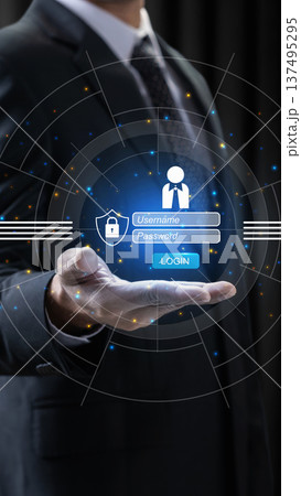 Businessman holding a virtual login interface with username and password fields, highlighting concepts of cyber security, data protection, and authentication Businessman holding a virtual login interface with username and password fields, highlighting concepts of cyber security, data protection, and authentication 137495295