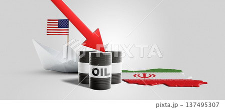 A red arrow pointing down at oil barrels next to a US flag on a paper boat and an Iranian flag map, symbolizing economic pressure and sanctions on Iran's oil exports A red arrow pointing down at oil barrels next to a US flag on a paper boat and an Iranian flag map, symbolizing economic pressure and sanctions on Iran's oil exports 137495307