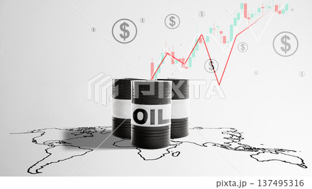 Conceptual image of oil barrels on a world map with a fluctuating stock market graph and dollar signs, illustrating global energy trade, price volatility, and economic impact Conceptual image of oil barrels on a world map with a fluctuating stock market graph and dollar signs, illustrating global energy trade, price volatility, and economic impact 137495316