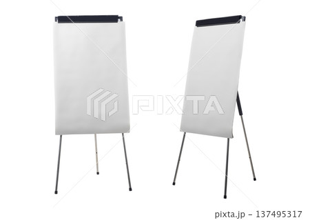A set of two blank white flipchart paper pads on tripod stands, shown from front and side views isolated on a white background, perfect for business presentations, seminars, and educational workshops A set of two blank white flipchart paper pads on tripod stands, shown from front and side views isolated on a white background, perfect for business presentations, seminars, and educational workshops 137495317