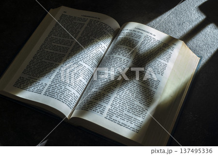 An open Holy Bible displays the text of I Chronicles 28 and 29. Dramatic sunlight creates a strong diagonal shadow across the pages, highlighting the paper texture and spiritual atmosphere An open Holy Bible displays the text of I Chronicles 28 and 29. Dramatic sunlight creates a strong diagonal shadow across the pages, highlighting the paper texture and spiritual atmosphere 137495336