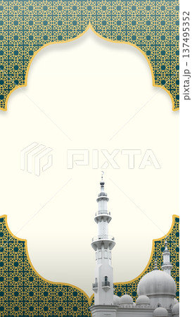 An elegant Islamic background featuring a deep teal geometric pattern with gold outlines. A central white arch frame showcases a white mosque minaret and dome, ideal for religious celebrations An elegant Islamic background featuring a deep teal geometric pattern with gold outlines. A central white arch frame showcases a white mosque minaret and dome, ideal for religious celebrations 137495352