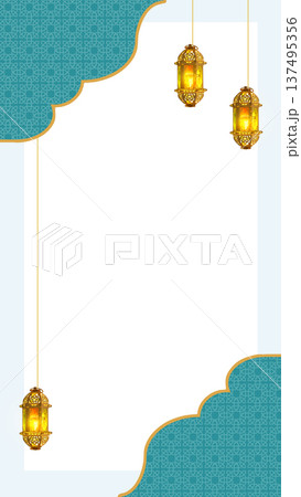 Vertical Islamic background featuring glowing gold lanterns hanging against a white space, decorated with teal geometric patterns and gold borders for Ramadan or Eid celebrations 137495356