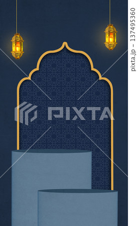 A dark blue Islamic background featuring a 3D cylindrical podium, a golden patterned arch, and hanging glowing lanterns for Ramadan and Eid product displays 137495360
