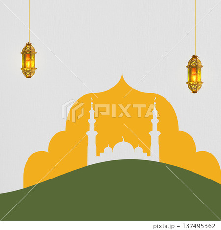 A minimalist Islamic celebration background featuring a white mosque silhouette, glowing gold lanterns, and a green landscape under a light textured sky A minimalist Islamic celebration background featuring a white mosque silhouette, glowing gold lanterns, and a green landscape under a light textured sky 137495362