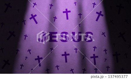 A spiritual composition featuring the word JESUS surrounded by many Christian crosses on a purple textured wall, illuminated by dramatic vertical spotlights A spiritual composition featuring the word JESUS surrounded by many Christian crosses on a purple textured wall, illuminated by dramatic vertical spotlights 137495377