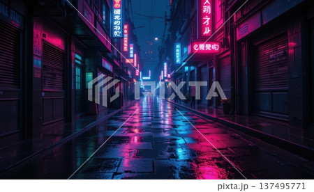 Vibrant Neon Signs Over Wet Pavement in a Deserted Futuristic City Alley Vibrant Neon Signs Over Wet Pavement in a Deserted Futuristic City Alley 137495771