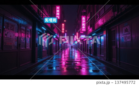 Lone Wanderer in a Symmetrical Neon Alleyway with Heavy Magenta Lighting 137495772