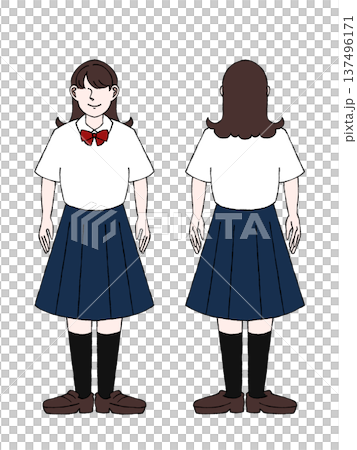 Female high school student student uniform summer clothing whole body standing front back view illustration 137496171