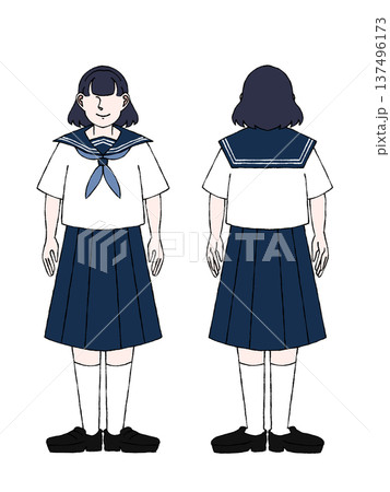 女子高校生 学生 制服 セーラー服 夏服 全身 立ち姿 正面 後ろ姿 イラスト  137496173