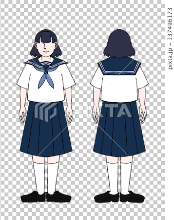 女子高校生 学生 制服 セーラー服 夏服 全身 立ち姿 正面 後ろ姿 イラスト  137496173