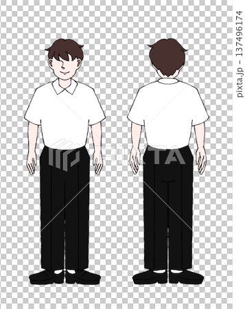 Male high school student student uniform summer clothing full body standing front back view illustration Male high school student student uniform summer clothing full body standing front back view illustration 137496174