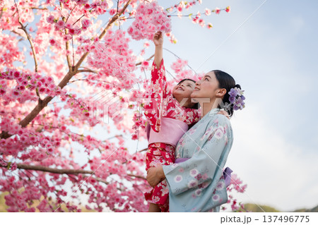 woman and child girl in yukata (kimono dress) with sakura flower or cherry blossom blooming in garden woman and child girl in yukata (kimono dress) with sakura flower or cherry blossom blooming in garden 137496775