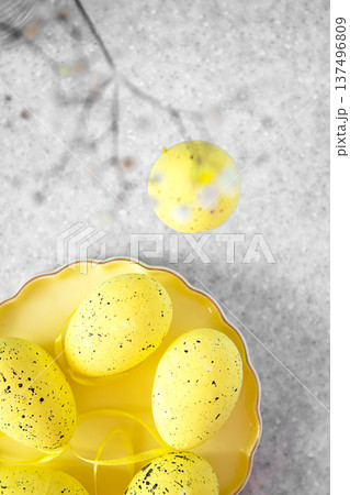 Bright yellow speckled Easter eggs on a decorative plate with spring ribbon Bright yellow speckled Easter eggs on a decorative plate with spring ribbon 137496809