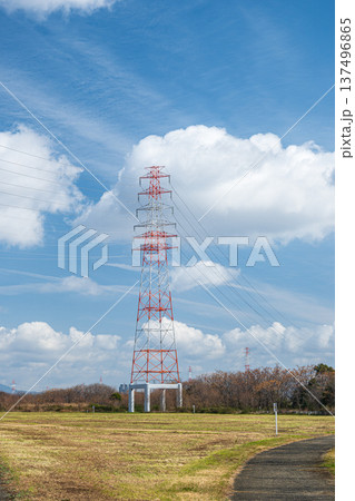 淀川右岸高槻市河川敷に立つ送電線鉄塔　大阪府 137496865