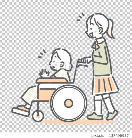 A high school girl talking to a senior woman while pushing her wheelchair. A simple and stylish line drawing illustration 137496927