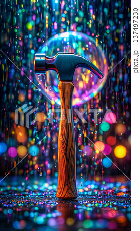 Hammer amidst a kaleidoscope of shimmering lights. A hammer with a wooden handle stands vertically amidst a cascade of colorful, shimmering lights.  137497230