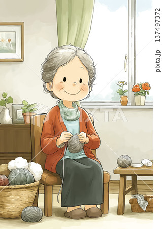 編み物を楽しむシニア女性｜自宅で過ごす穏やかな趣味の時間 137497372