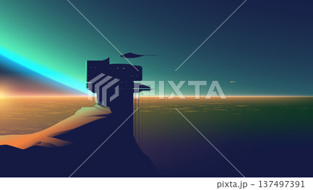 Futuristic sci-fi vector landscape with spaceship approaching alien planet station silhouette. Futuristic sci-fi vector landscape with spaceship approaching alien planet station silhouette. 137497391