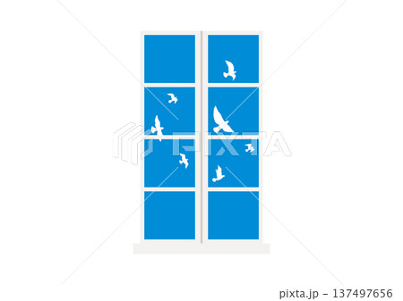 白い窓と青空に飛ぶ白いハトのイラスト 137497656