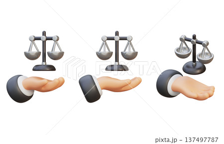 3D Character Hand Holding Scales of Justice for Law and Ethics Concept 137497787