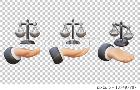 3D Character Hand Holding Scales of Justice for Law and Ethics Concept 137497787