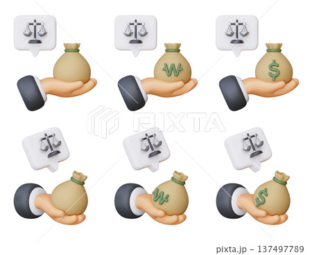 3D Character Hand Holding Money Bag with Scale of Justice for Financial Law Concept 137497789