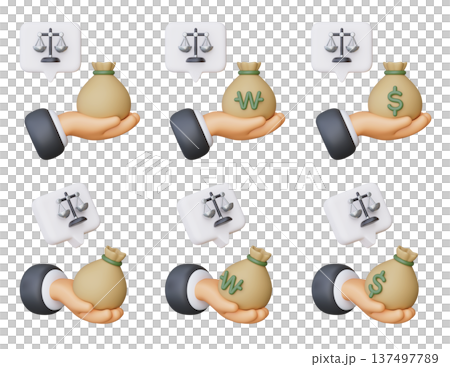 3D Character Hand Holding Money Bag with Scale of Justice for Financial Law Concept 137497789