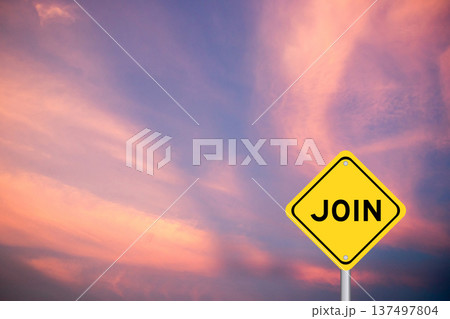 Yellow transportation sign with word join on violet color sky background 137497804