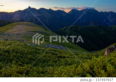 北アルプス・双六岳から見る夜明けの槍・穂高連峰 137497917